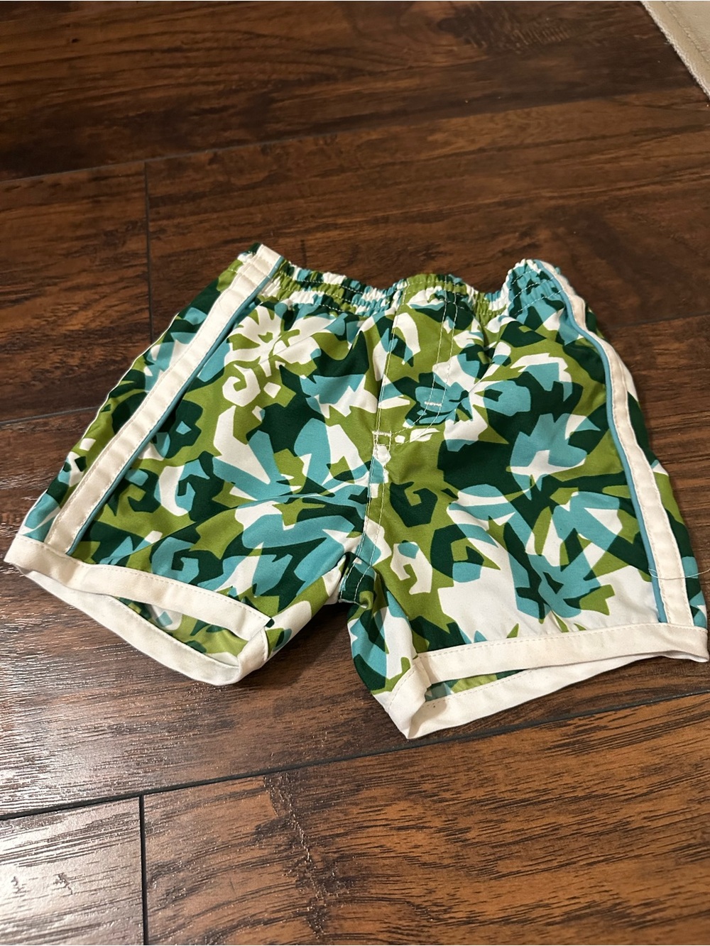 Vintage OshKosh Baby Green & Teal Floral Swim Shorts with White Trim